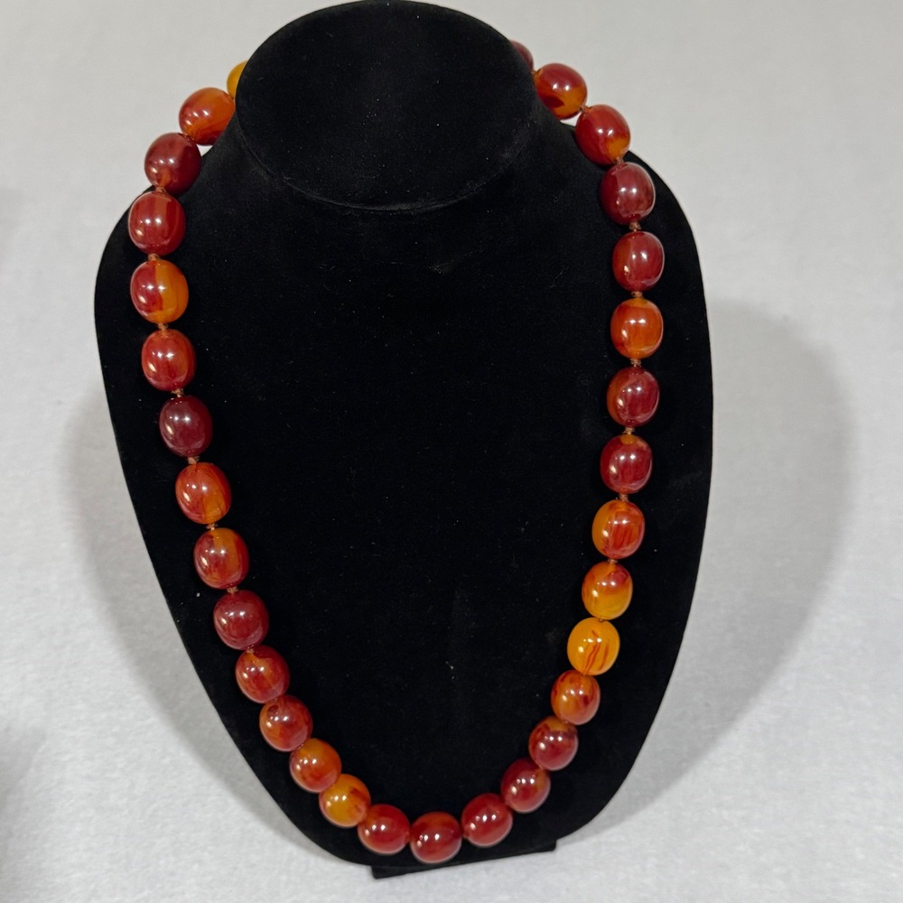 Vintage Bakelite Necklace Statement Red Amber Marbled Graduated Oval Bead 158g